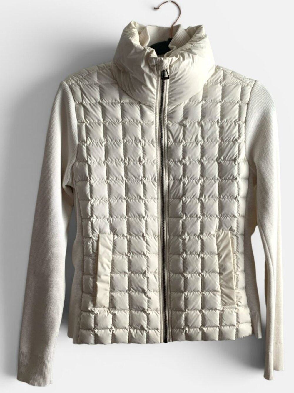 AETHER Ivory Down Puffer Jacket Cashmere Blend Knit Sleeve Coat Size Small